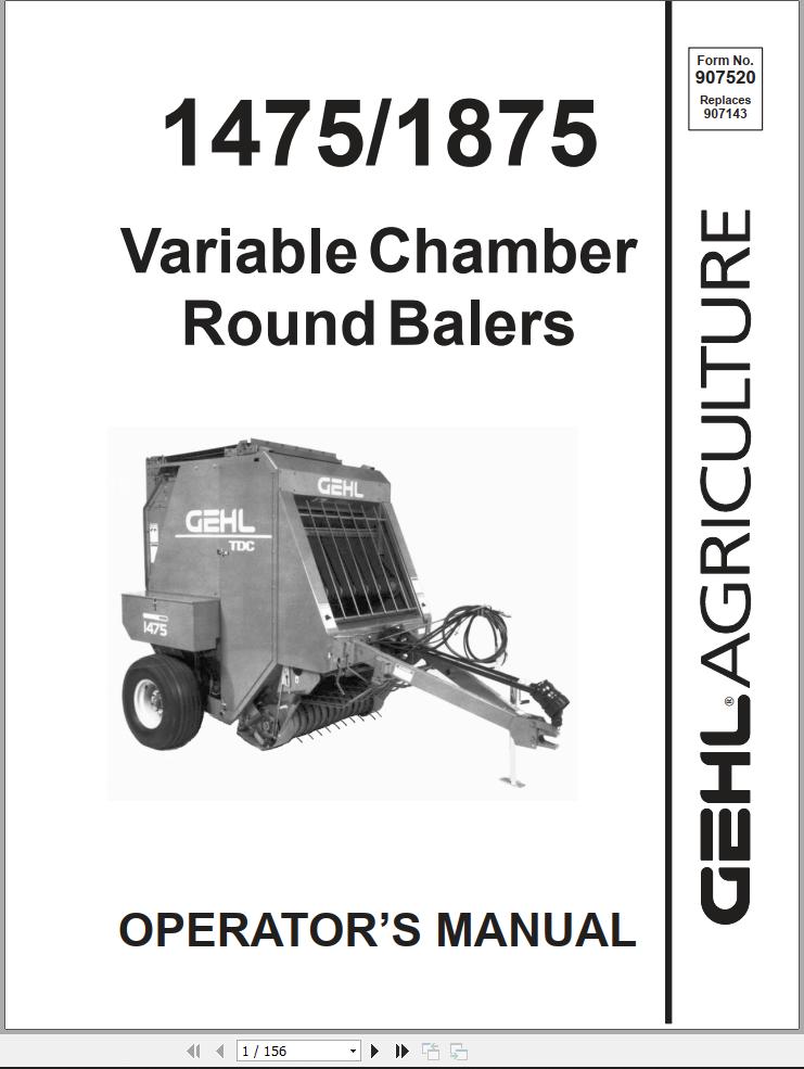 GEHL Variable Chamber Round Balers 1475 1875 Operators Manual 907520C