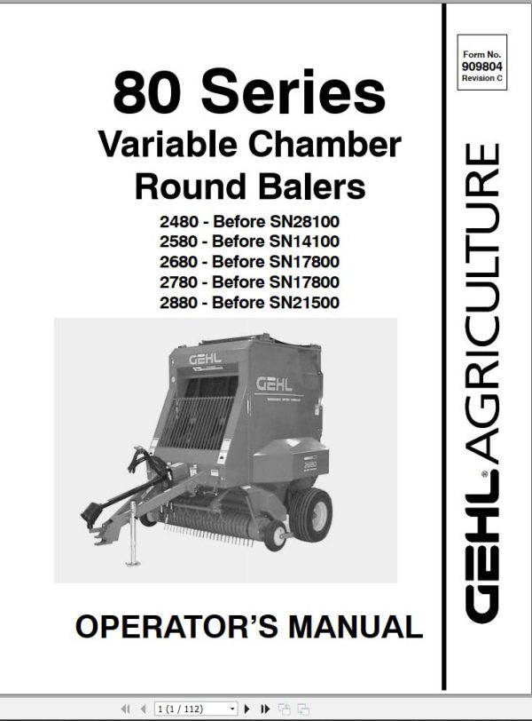 GEHL Variable Chamber Round Balers 80 Series Operators Manual