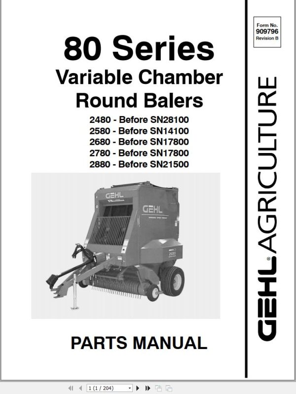 GEHL Variable Chamber Round Balers 80 Series Parts Manual 909796B