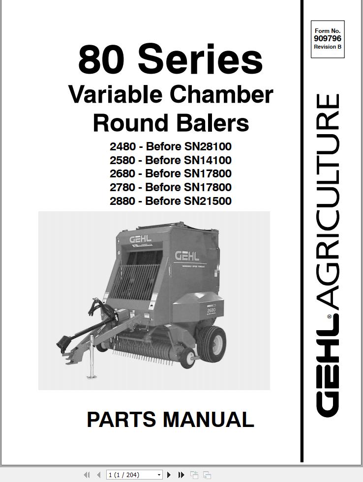 GEHL Variable Chamber Round Balers 80 Series Parts Manual 909796B