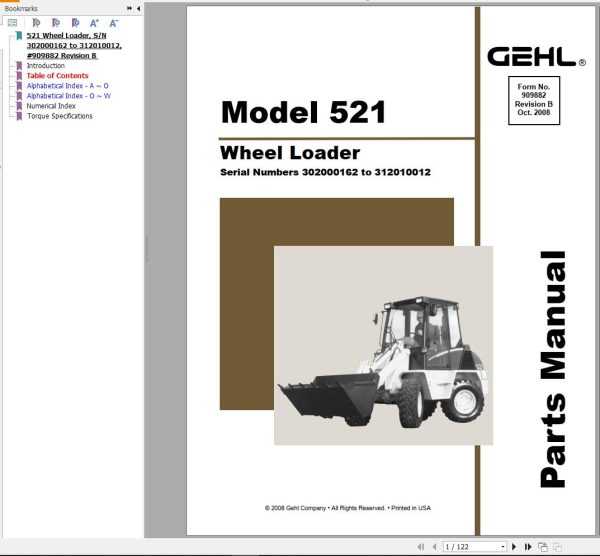 GEHL Wheel Loader 521 Parts Manual 909882B