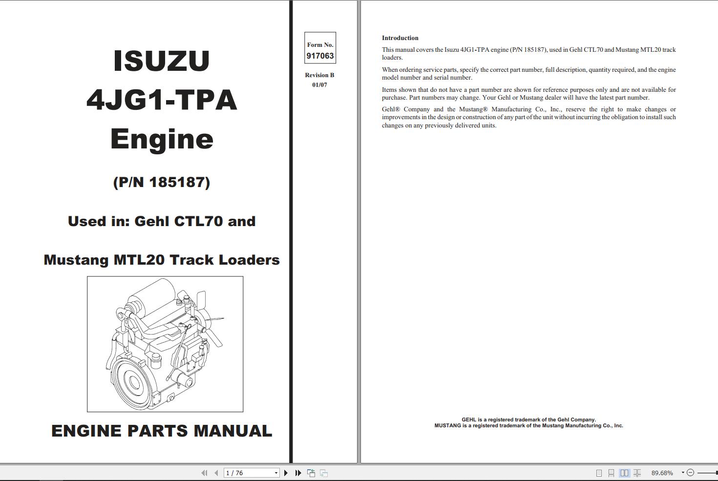 Isuzu Engine 4JG1 TPA Parts Manual 917063B