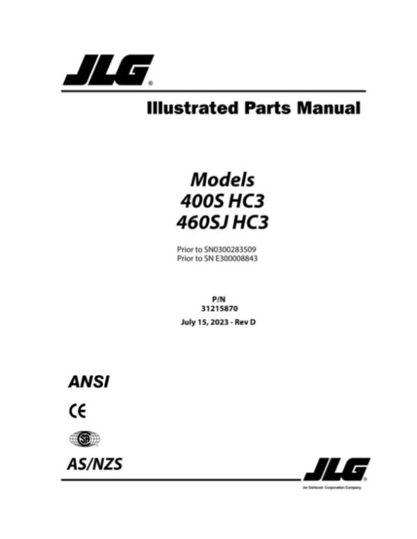 JLG Boom Lifts 400S HC3 460SJ HC3 Parts Manual 31215870 2023
