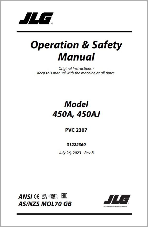 JLG Boom Lifts 450A 450AJ Operation Safety Manual 31222360 2023 PVC 2307