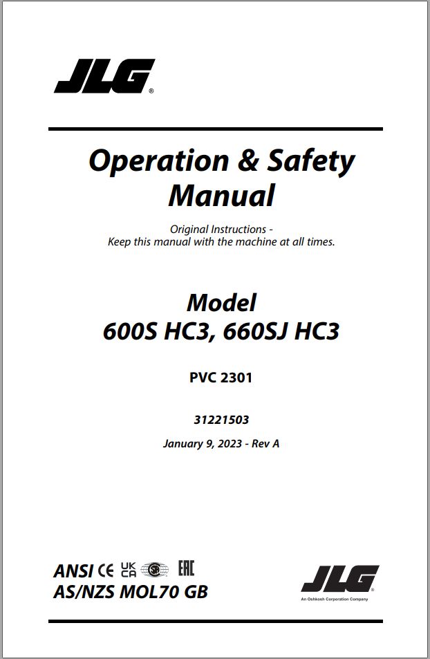 JLG Boom Lifts 600S HC3 660SJ HC3 Operation Safety Manual 31221503 2023 PVC 2301
