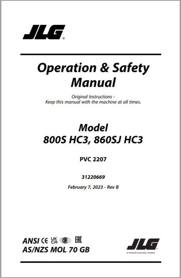 JLG Boom Lifts 800S HC3 860SJ HC3 Operation Safety Manual 31220669 2023 PVC 2207
