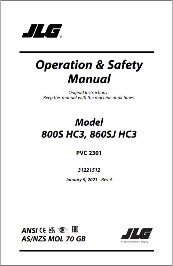 JLG Boom Lifts 800S HC3 860SJ HC3 Operation Safety Manual 31221512 2023 PVC 2301