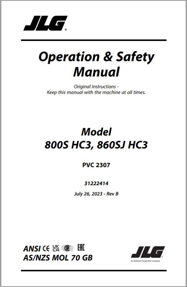 JLG Boom Lifts 800S HC3 860SJ HC3 Operation Safety Manual 31222414 2023 PVC 2307