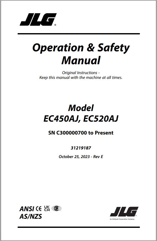 JLG Boom Lifts EC450AJ EC520AJ Operation Safety Manual 31219187 2023