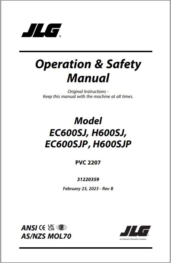 JLG Boom Lifts EC600SJ EC600SJP H600SJ H600SJP Operation Safety Manual 31220359 2023 PVC 2207