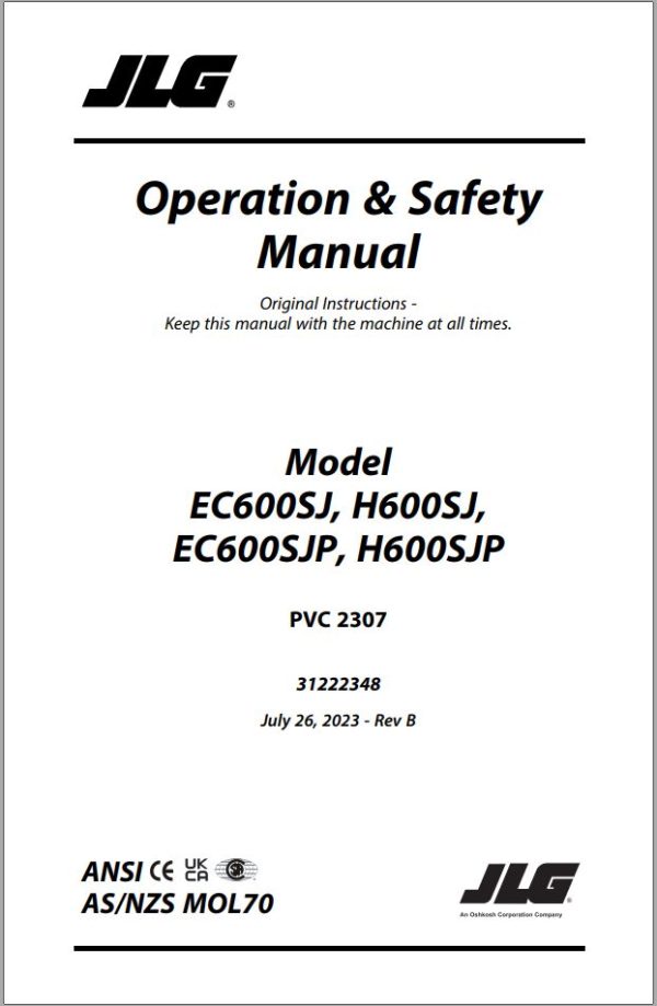 JLG Boom Lifts EC600SJ EC600SJP H600SJ H600SJP Operation Safety Manual 31222348 2023 PVC 2307
