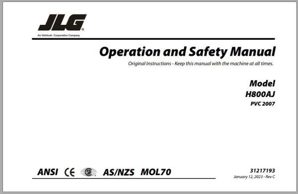 JLG Boom Lifts H800AJ Operation Safety Manual 31217193 2023 PVC 2007
