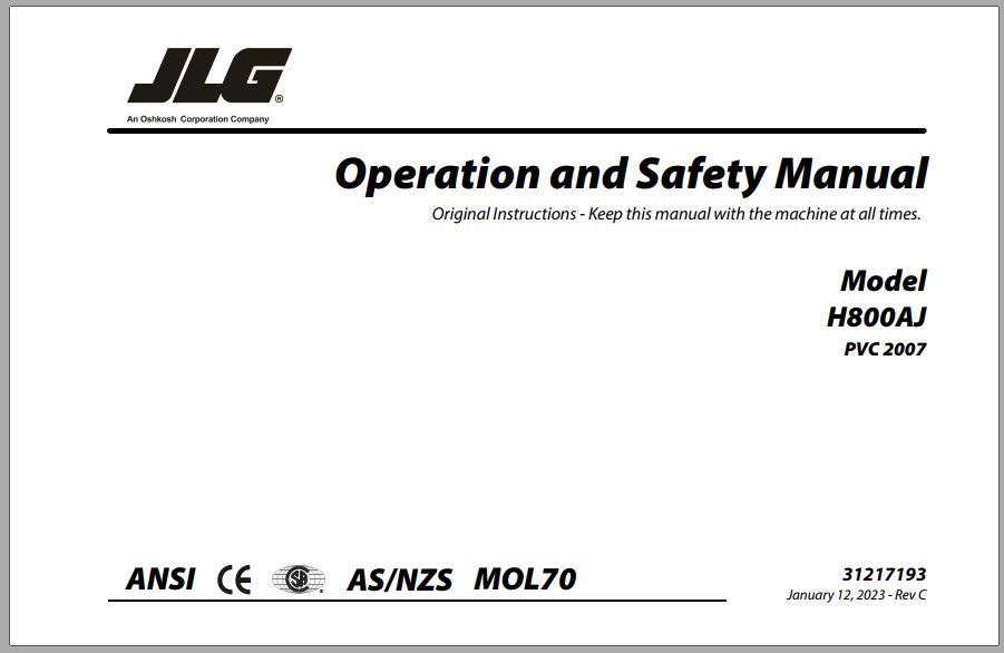 JLG Boom Lifts H800AJ Operation Safety Manual 31217193 2023 PVC 2007