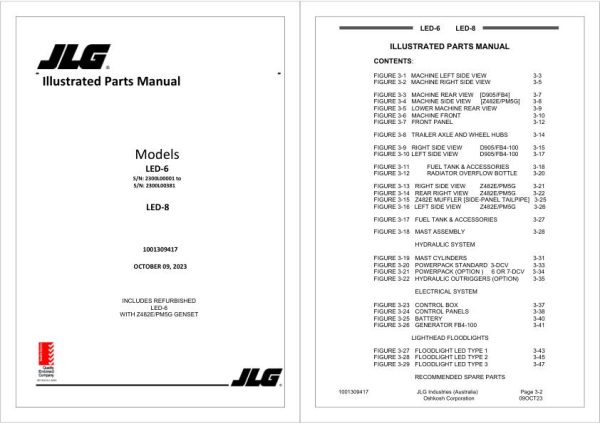 JLG Light Towers LED 6 and LED 8 Parts Manual 1001309417 2023