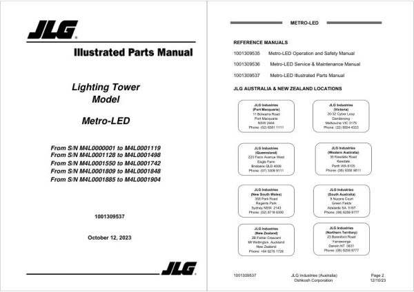 JLG Light Towers Metro LED Parts Manual 1001309537 2023