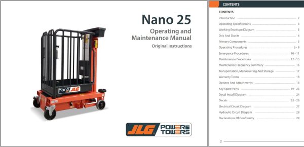 JLG POWER TOWERS Vertical Masts NANO 25 Operation Maintenance Manual 1001284381 2023