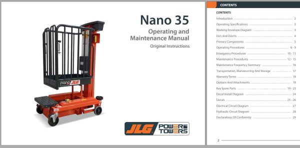 JLG POWER TOWERS Vertical Masts NANO 35 Operation Maintenance Manual 1001289674 2023