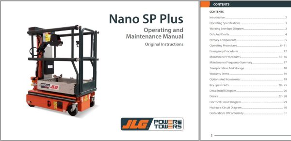 JLG POWER TOWERS Vertical Masts NANO SP PLUS Operation Maintenance Manual 1001305924 2023