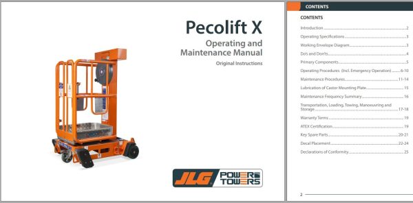 JLG POWER TOWERS Vertical Masts PECOLIFTX Operation Maintenance Manual 1001308878 2023