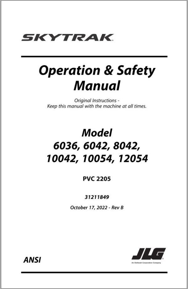 JLG SKYTRAK Telehandlers 10042 10054 12054 6036 6042 8042 Operation Safety Manual 31211849 2022 PVC