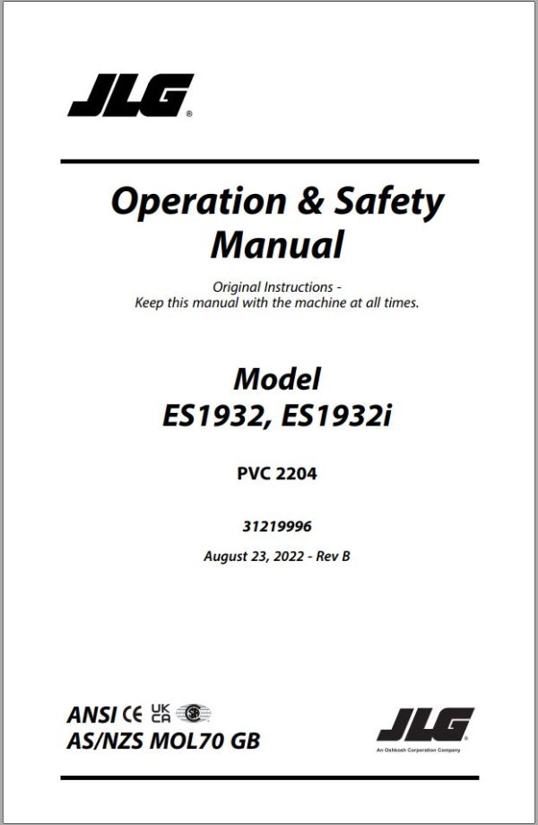 JLG Scissor Lifts ES1932 ES1932i Operation Safety Manual 31219996 2023 PVC 2204