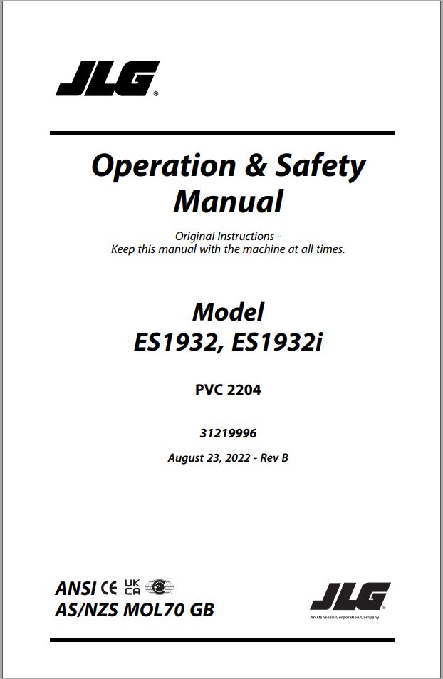 JLG Scissor Lifts ES1932 ES1932i Operation Safety Manual 31219996 2023 ...