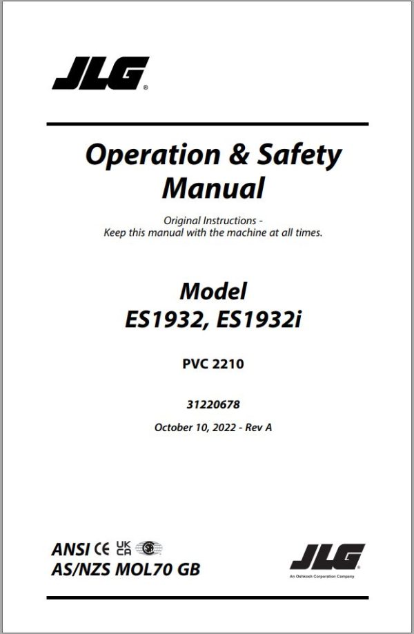 JLG Scissor Lifts ES1932 ES1932i Operation Safety Manual 31220678 2022 PVC 2210