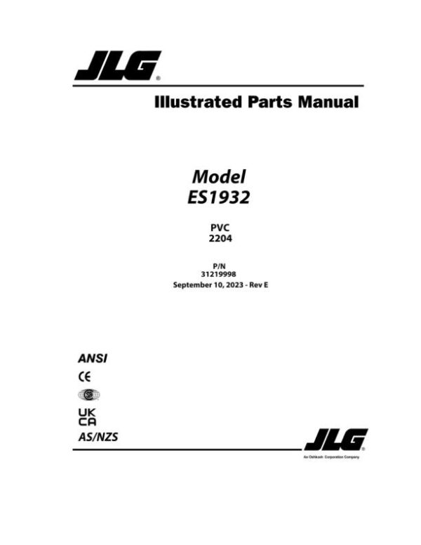 JLG Scissor Lifts ES1932 ES1932i Parts Manual 31219998 2023 PVC 2204