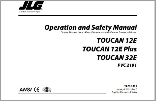 JLG TOUCAN Vertical Lifts 12E 12E Plus 32E Operation Safety Manual 31210313 2023