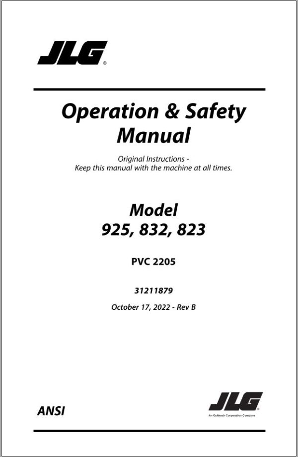 JLG Telehandlers 823 832 925 Operation Safety Manual 31211879 2022 PVC 2205