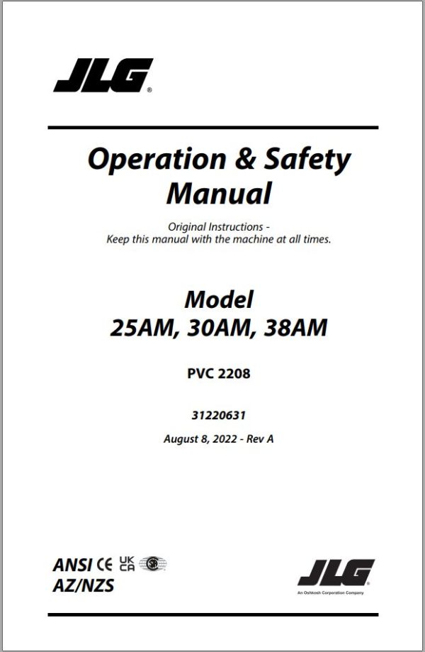 JLG Vertical Masts 25AM 30AM 38AM Operation Safety Manual 31220631 2022 PVC 2208