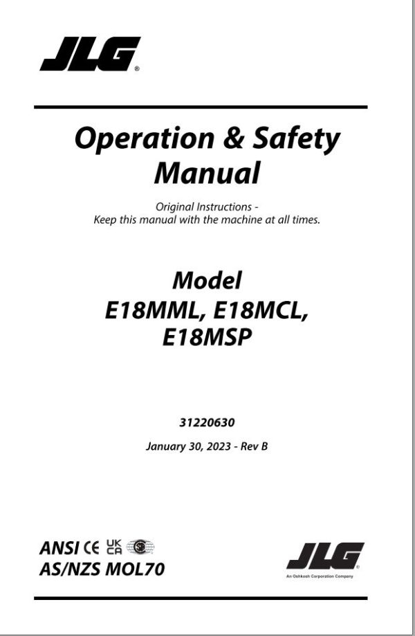 JLG Vertical Masts E18MCL E18MML E18MSP Operation Safety Manual 31220630 2023