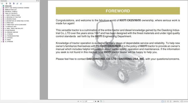 Kioti Tractor CK25 CK30 Ck35 Operation Manual