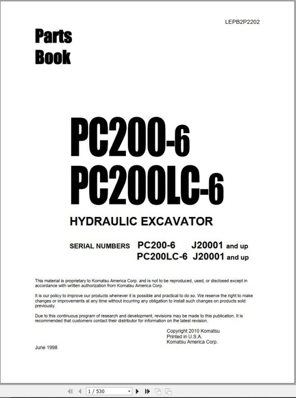 Komatsu Crawler Excavators PC200 6 PC200LC 6 Part Book