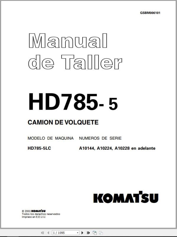 Komatsu Dump Truck HD785 5 Shop Manual GSBM006101 ES