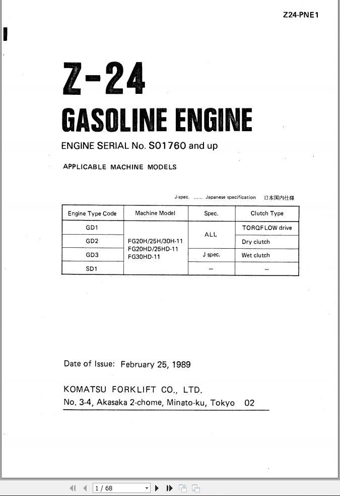 Komatsu Engine Z 24 Part Book Z24 PNE1