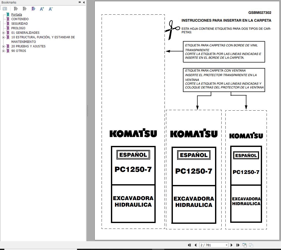 Komatsu Excavator PC1250 7 PC1250SP 7 PC1250LC 7 Shop Manual GSBM027302 ES