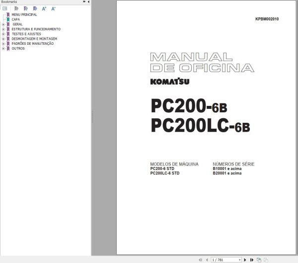 Komatsu Excavator PC200 6B PC200LC 6B Shop Manual KPBM002010 PT