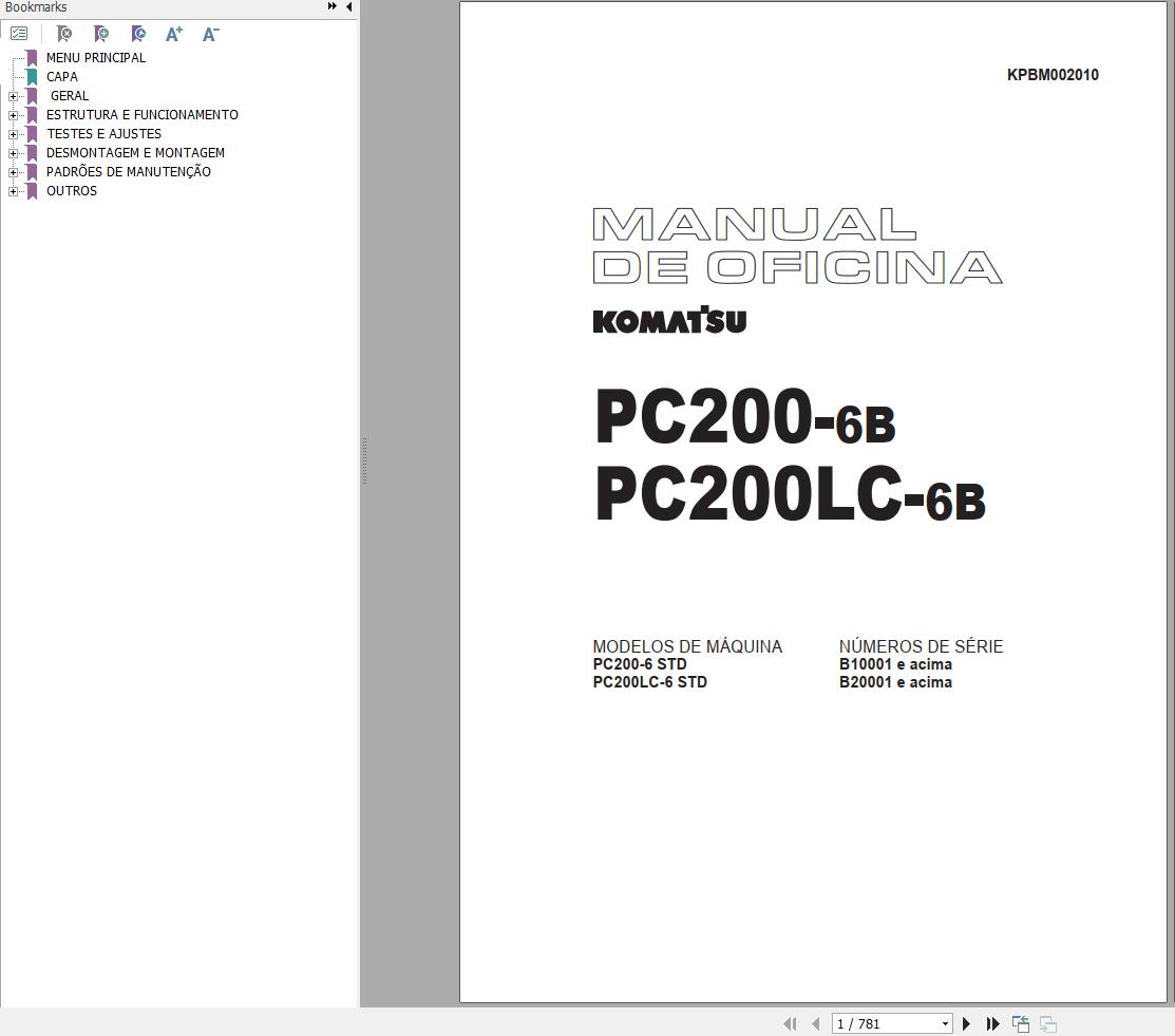 Komatsu Excavator PC200 6B PC200LC 6B Shop Manual KPBM002010 PT