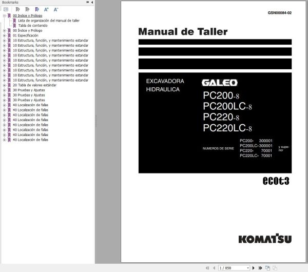 Komatsu Excavator PC200 8 PC200LC 8 PC220 8 PC220LC 8 Shop Manual GSN00084 02 ES