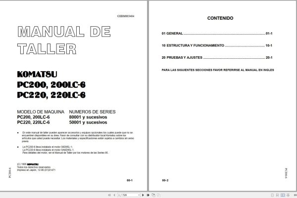Komatsu Excavator PC200 PC200LC 6 PC220 PC220LC 6 Shop Manual GSBM003404 ES