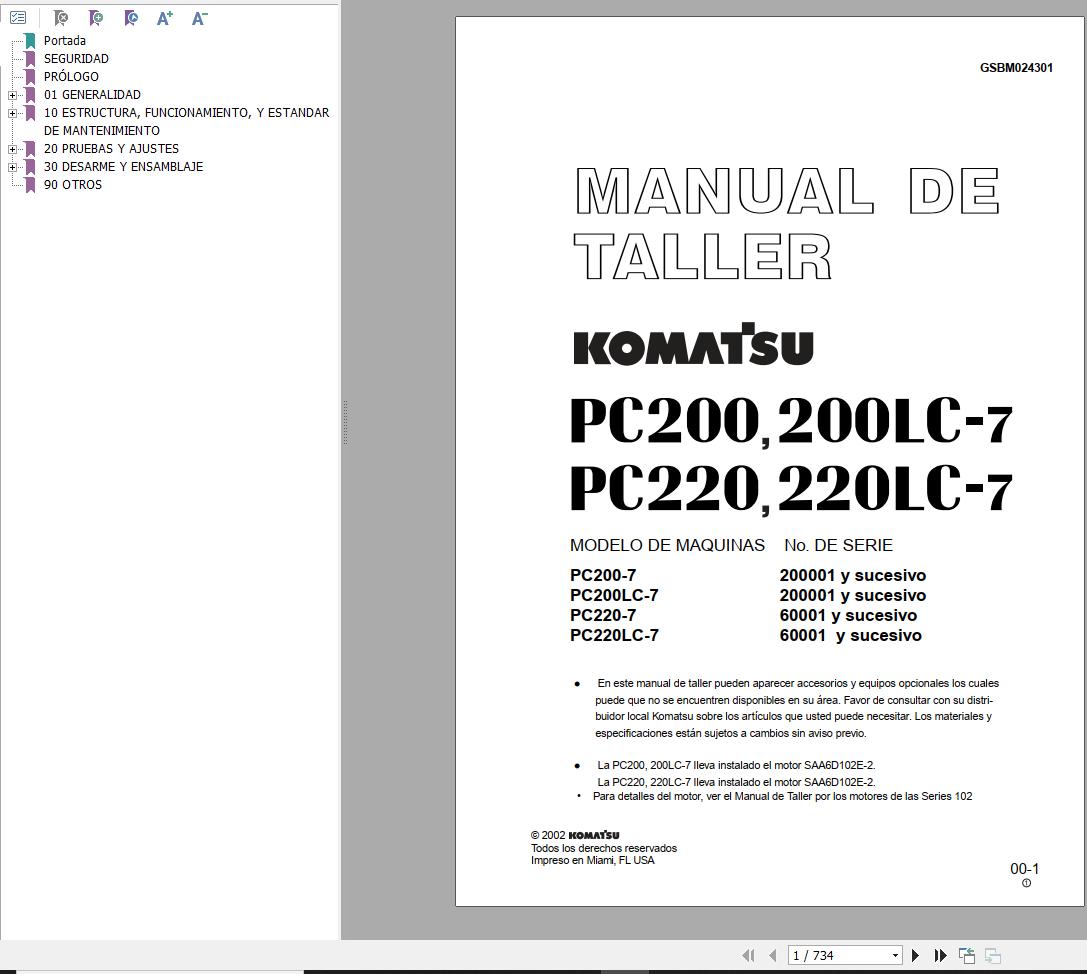 Komatsu Excavator PC200 PC200LC 7 PC220 PC220LC 7 Shop Manual GSBD024301 ES