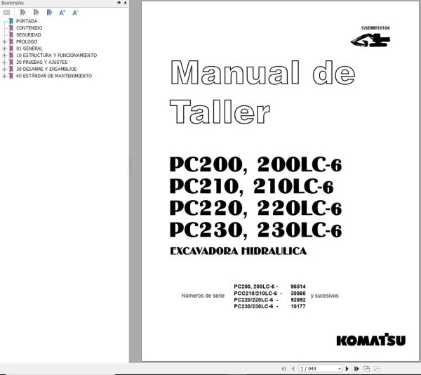 Komatsu Excavator PC200 to PC230LC 6 Shop Manual GSBM010104 ES