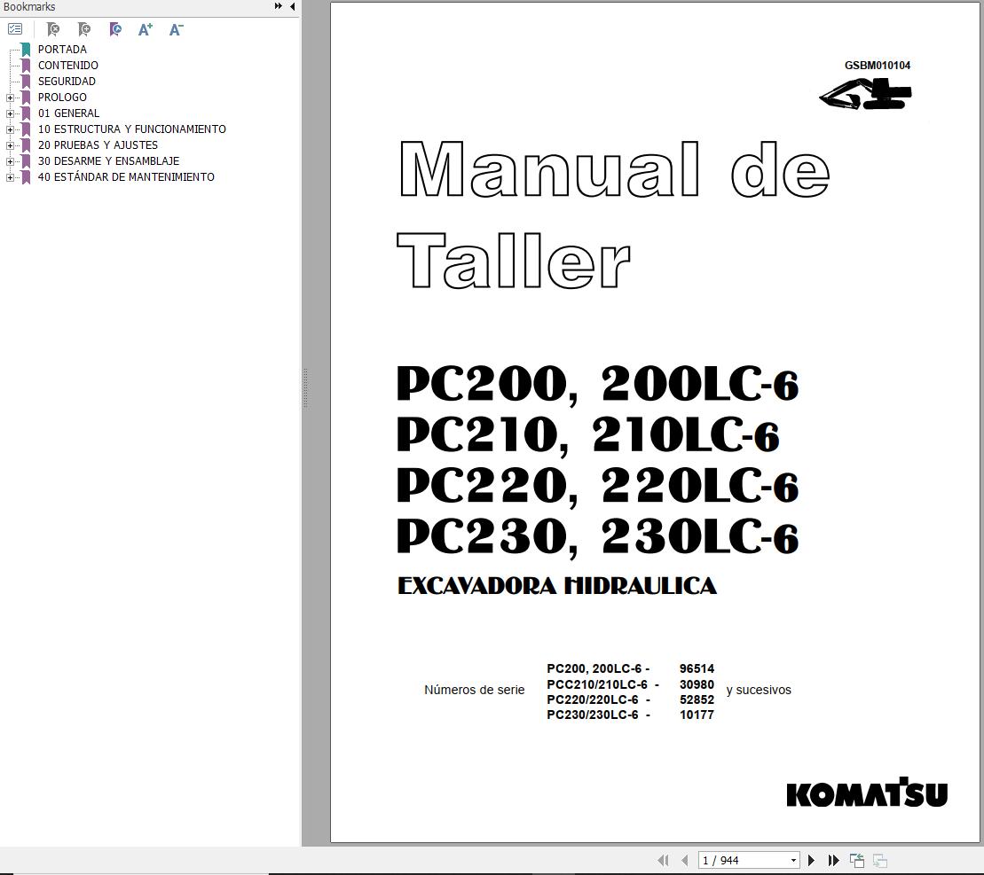 Komatsu Excavator PC200 to PC230LC 6 Shop Manual GSBM010104 ES