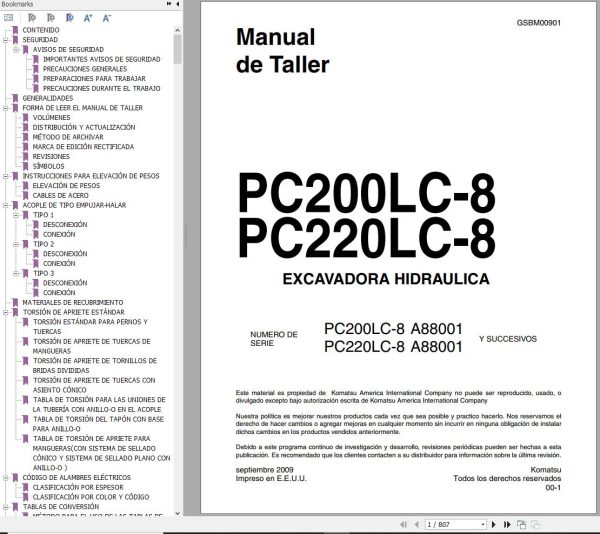 Komatsu Excavator PC200LC 8 PC220LC 8 Shop Manual GSBM000901 ES