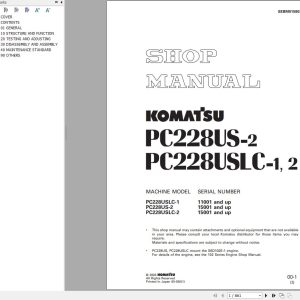 Komatsu Excavator PC228US 2 PC228USLC 1 PC228USLC 2 Shop Manual SEBM015903