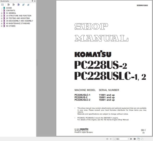 Komatsu Excavator PC228US 2 PC228USLC 1 PC228USLC 2 Shop Manual SEBM015903