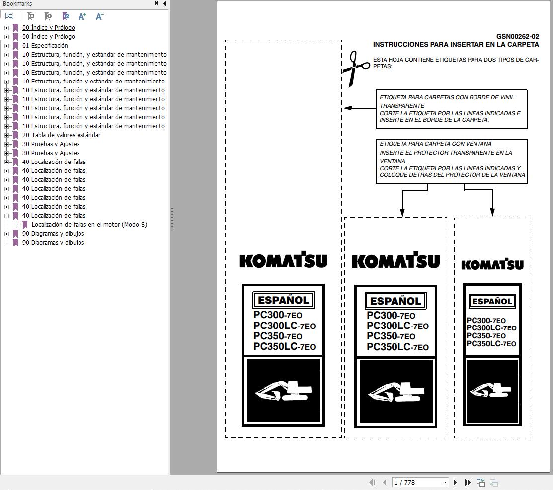Komatsu Excavator PC300 7E0 to PC350LC 7E0 Shop Manual GSN00262 02 ES