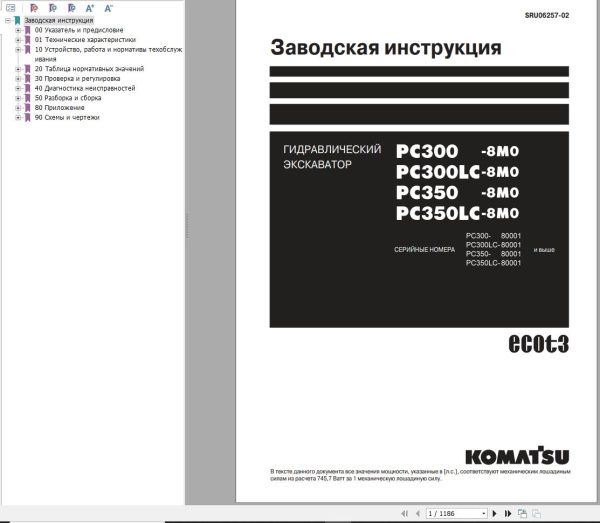 Komatsu Excavator PC300 8MO to PC350LC 8M0 Shop Manual SRU06257 02 RU