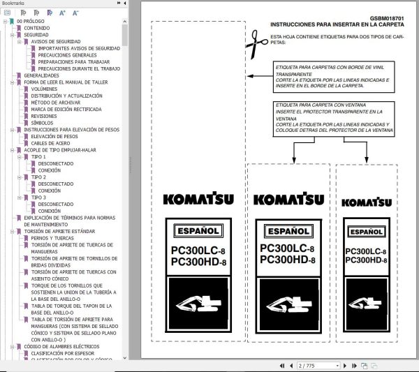 Komatsu Excavator PC300LC 8 PC300HD 8 Shop Manual GSBM018701 ES